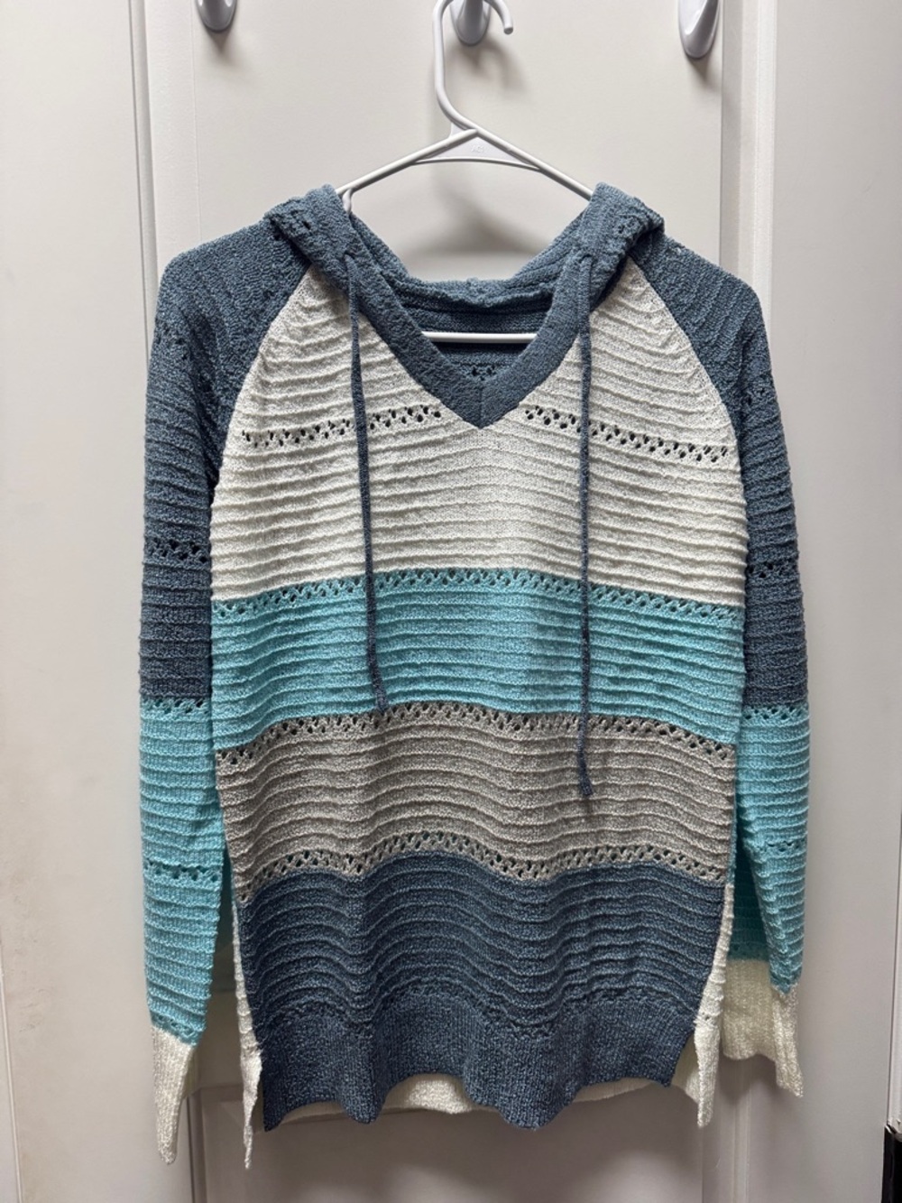 Striped Hooded Knit Sweater in Teal, Gray, Cream